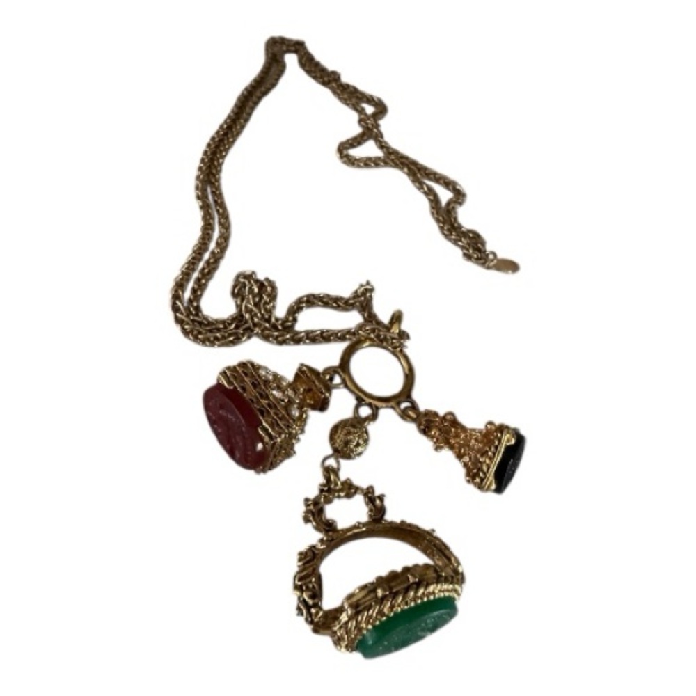 Kenneth Jay Lane RARE Victorian Revival Glass Intaglio Fob Charm Trio Necklace - Picture 6 of 10